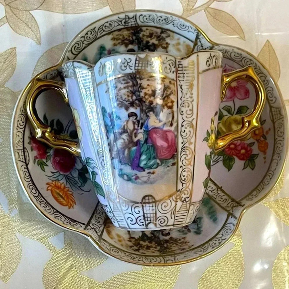 Antique VTG Chinese Japanese Colorful Courtyard Scene Chocolate Cup and Sauce - Picture 1 of 11